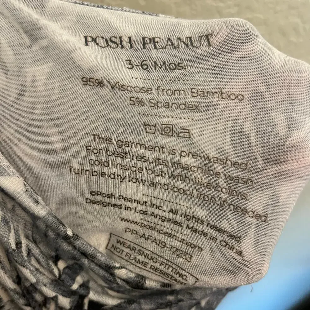 Posh Peanut Bamboo Leaf Print Long Sleeve Romper Gray Black 3-6M Baby Unisex